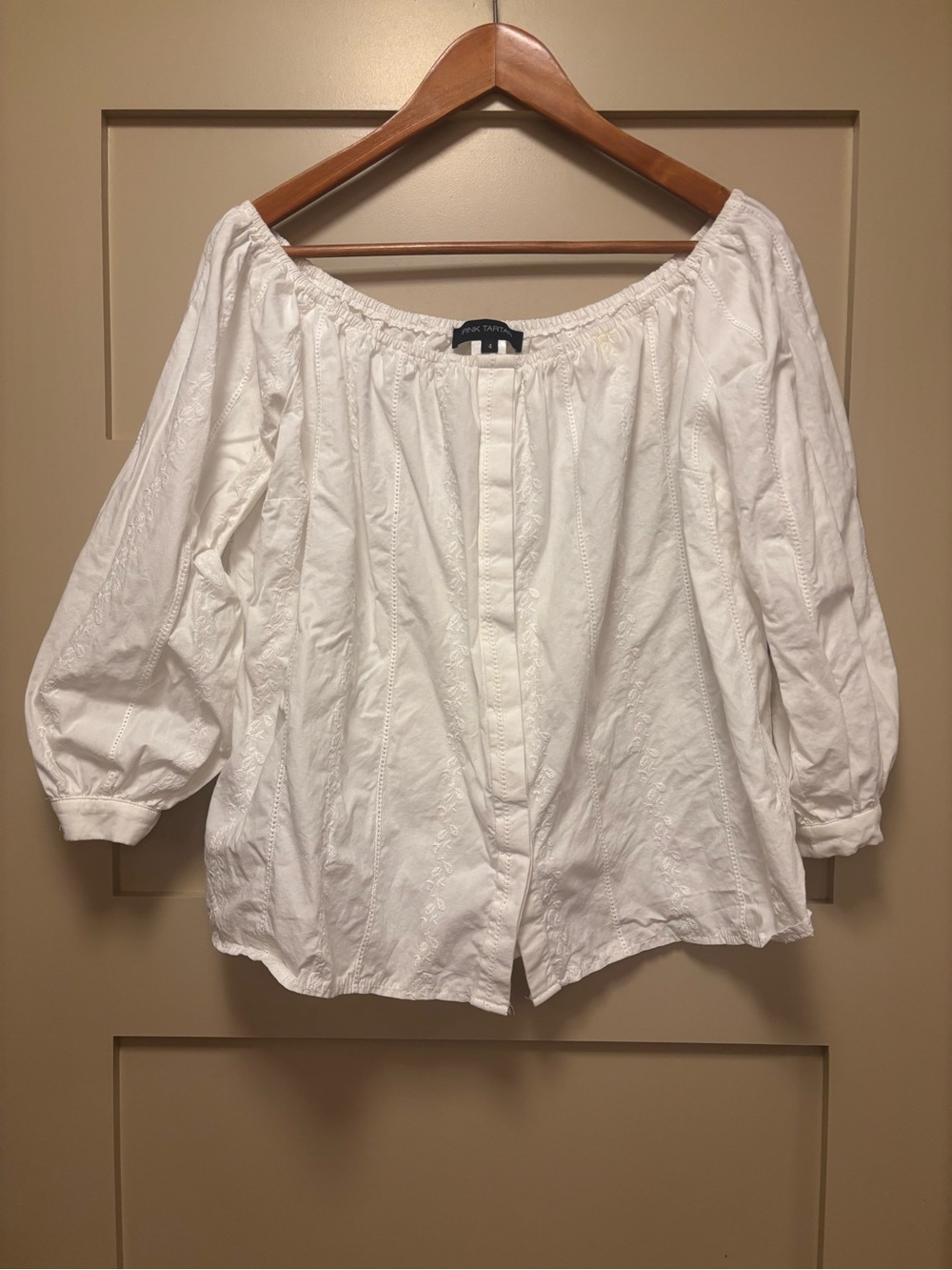 PINK TARTAN Off Shoulder Button Down Shirt Cotton Balloon 3/4 Sleeve Poet Blouse